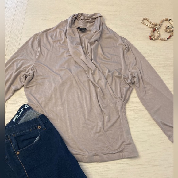 IMAN Faux Wrap Deep V-Neck Front 3/4 Sleeve Rayon Spandex/taupe/size S - Picture 8 of 8